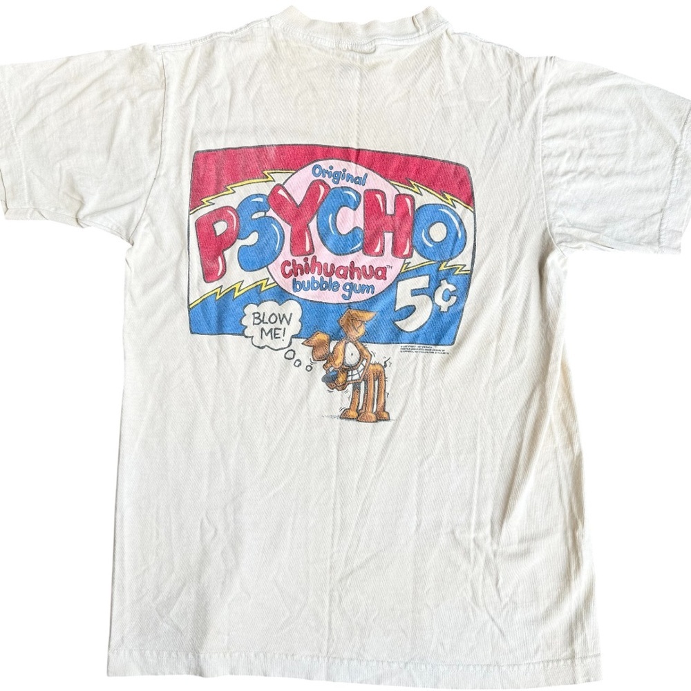 Vintage Paycho chihuahua medium tee shirt tan 90s Bite Me bubblegum